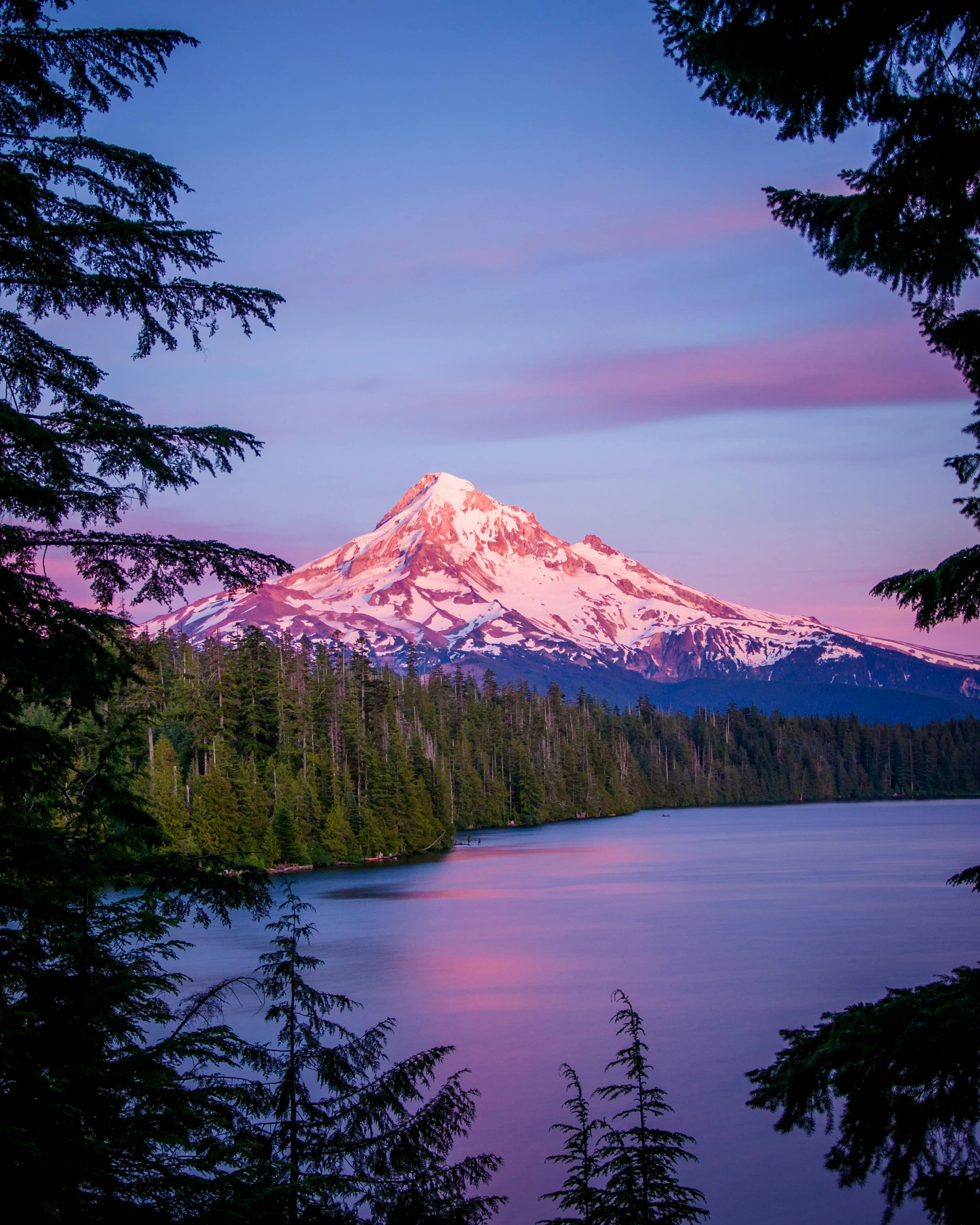 Snow-capped mountain reflected in a calm lake at sunset framed by evergreen trees